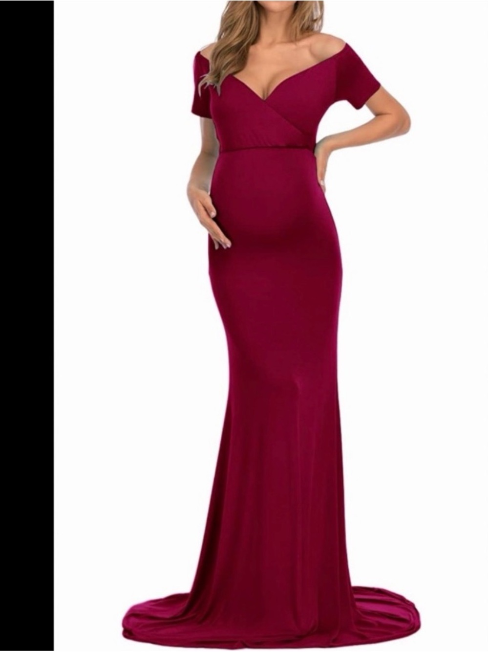 Off-Shoulder Maternity Mermaid Gown - Burgundy